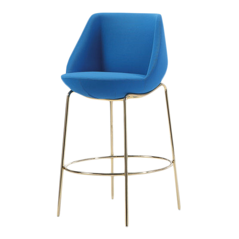 Bright blue upholstered bar stool with a sleek gold metal frame, blending modern style and comfort.