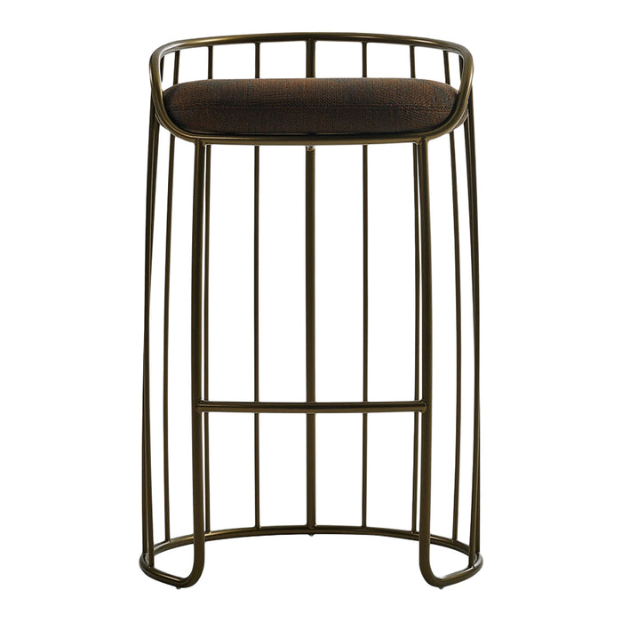 "Gold metal bar stool with dark brown cushioned seat and sleek vertical lines."
