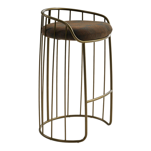 Gold metal bar stool with a brown cushioned seat and sleek vertical line design.