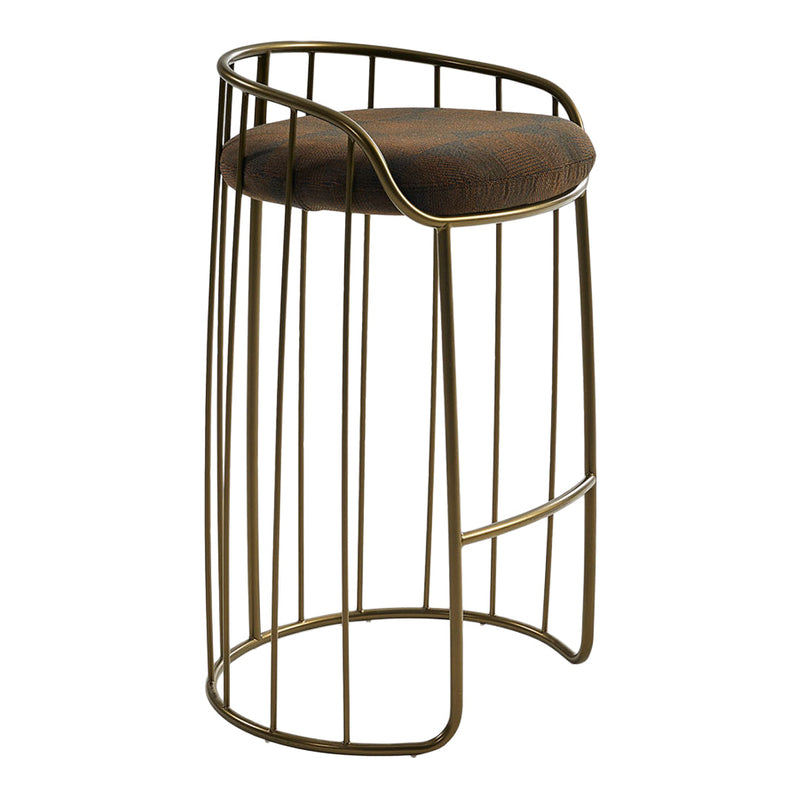 Gold metal bar stool with a brown cushioned seat and sleek vertical line design.