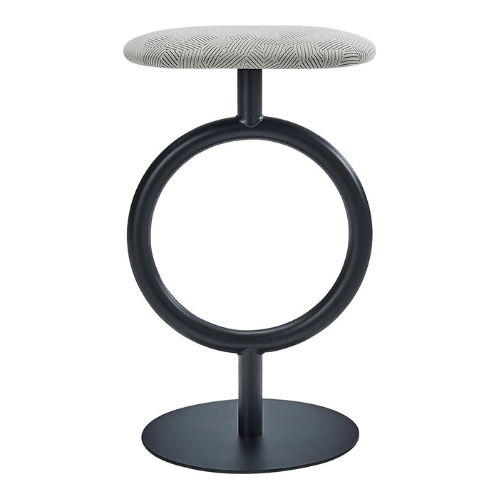 Modern round stool with a gray fabric seat and sleek black metal base. Simple, stylish design with a circular pattern.