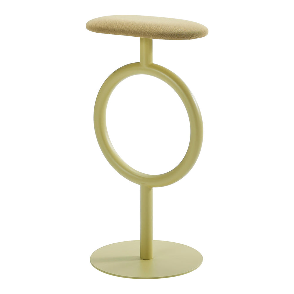 Modern stool in soft beige and pastel green, featuring a unique circular base and minimalist design.