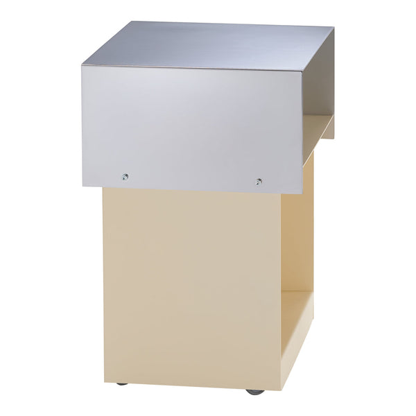 Modern silver and beige accent table with sleek geometric design and contrasting finishes. Perfect for contemporary decor.