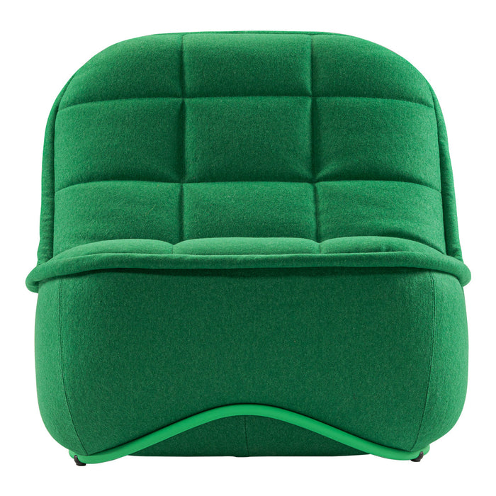 Bright green upholstered chair with a smooth, rounded design and tufted texture for a modern aesthetic.