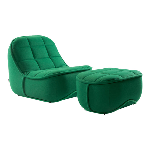 Green upholstered chair and ottoman with a quilted pattern, perfect for modern living spaces.