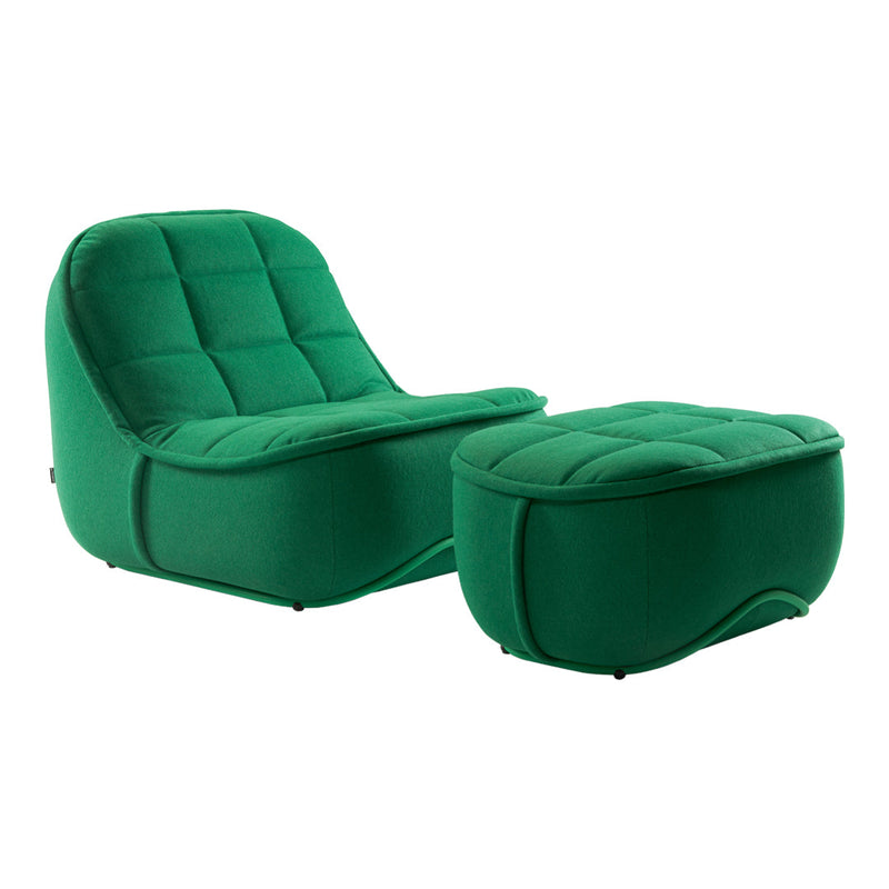 Green upholstered chair and ottoman with a quilted pattern, perfect for modern living spaces.