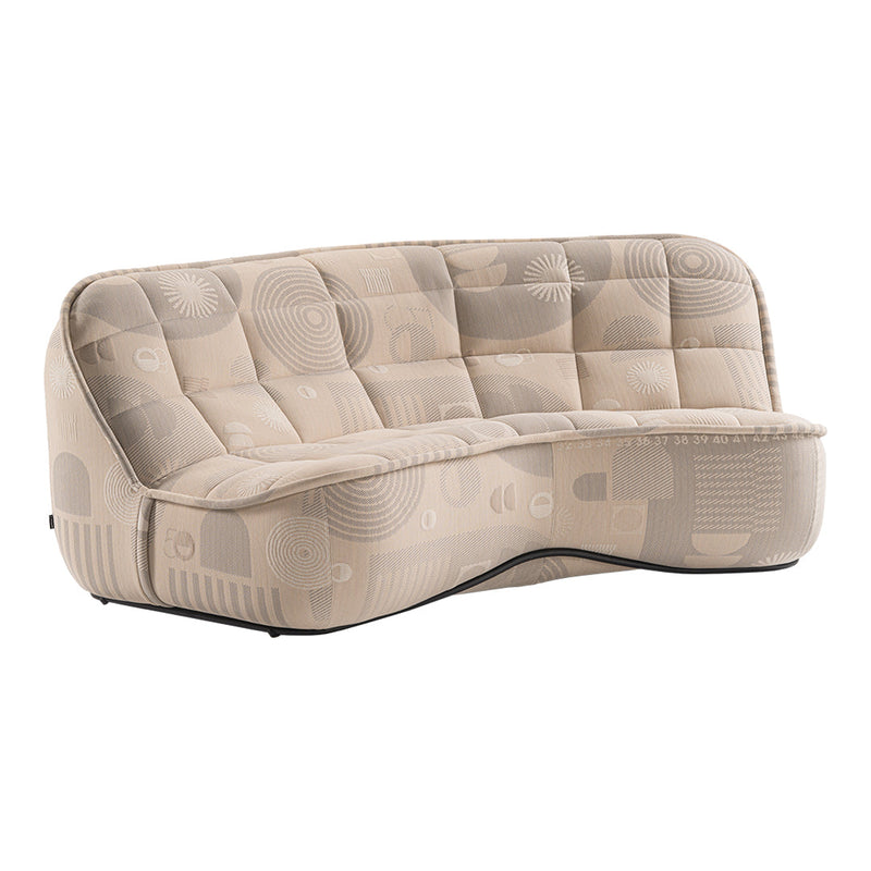 Beige sofa with geometric patterns and a curved design, featuring soft, quilted upholstery. Ideal for modern interiors.