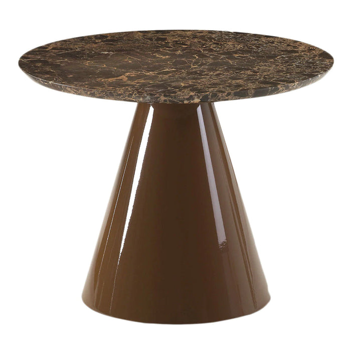 Brown conical base with a round marble-patterned top featuring rich dark and gold veining. Modern and stylish design.