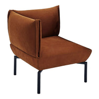 Rust orange velvet chair with a minimalist design and sleek black metal legs, featuring a modern plush silhouette.