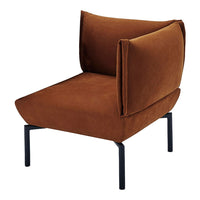 Brown fabric armchair with minimalist design and black metal legs. Elegant, modern look for stylish interiors.