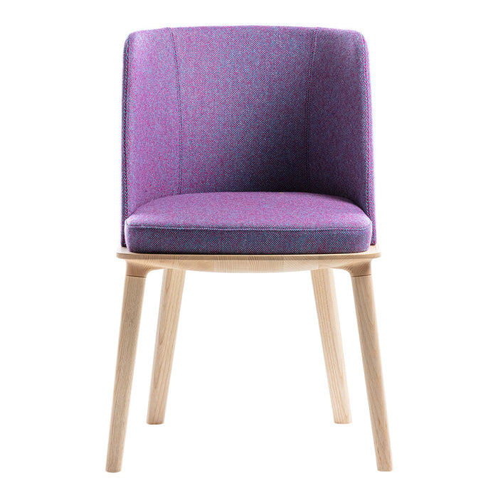 Purple and lilac patterned upholstered chair with natural wood legs. Modern design for stylish decor.