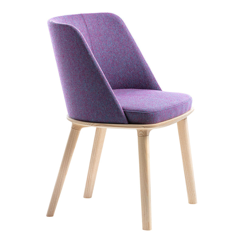 Purple and pink patterned fabric chair with light wooden legs, modern design for stylish seating.