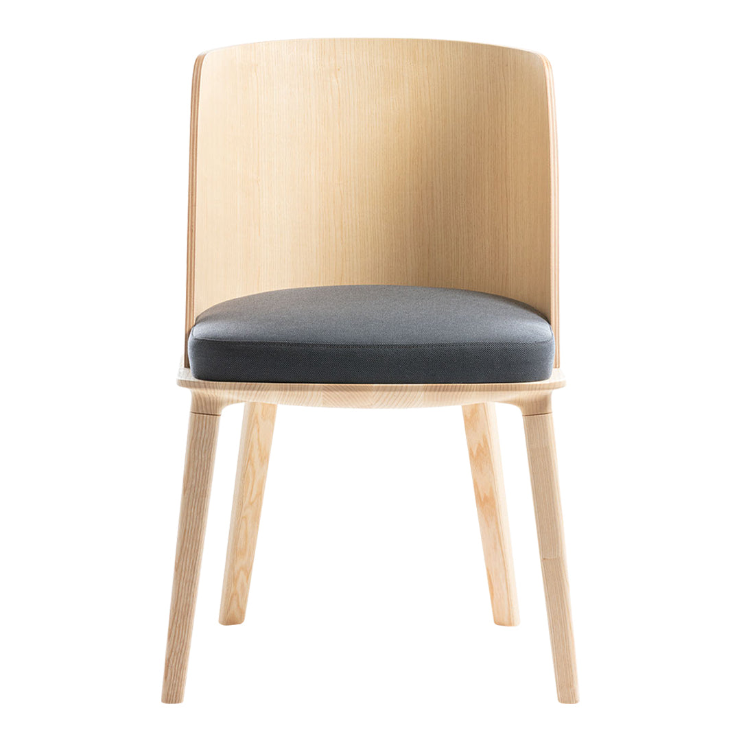 Light wood chair with a smooth, natural finish and a dark gray cushioned seat. Minimalist design with curved backrest.