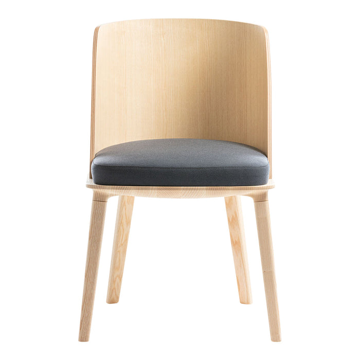 Light wood chair with a smooth, natural finish and a dark gray cushioned seat. Minimalist design with curved backrest.