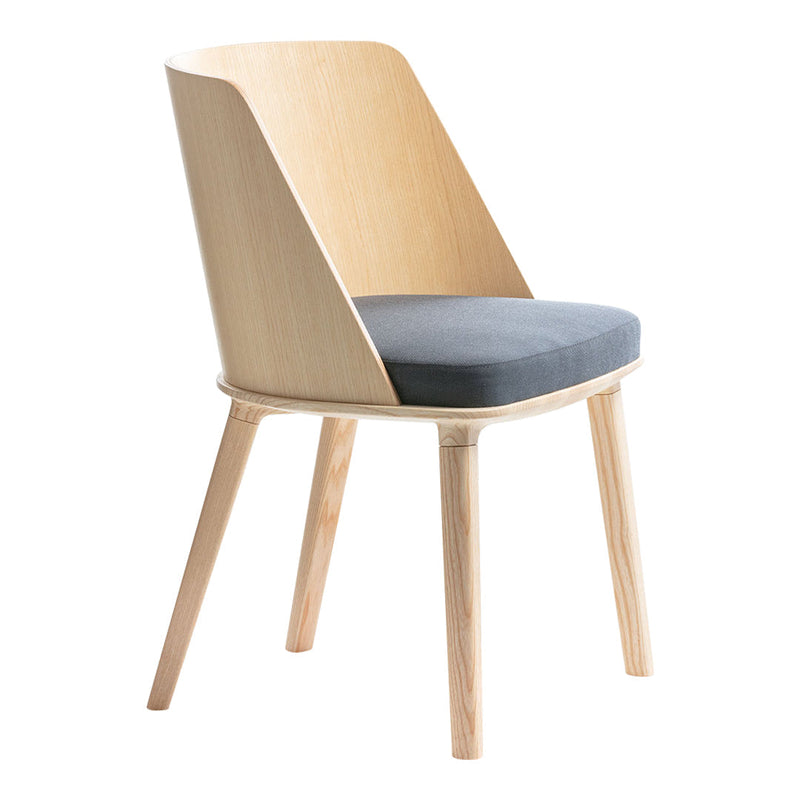 Light wood chair with a minimalist design featuring a gray cushioned seat. Modern and sleek aesthetic.
