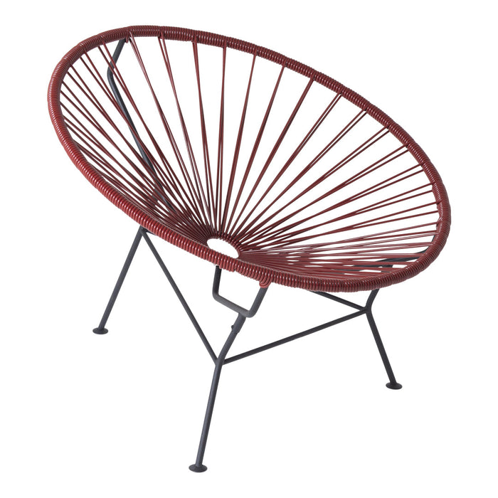 Red circular chair with a radial pattern and black metal frame, perfect for modern outdoor or indoor decor.