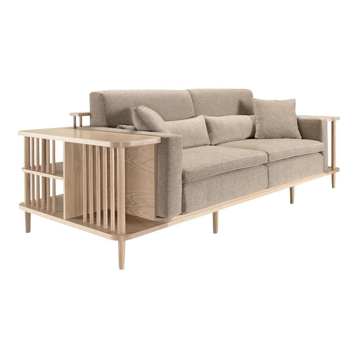 Light beige fabric sofa with natural wood accents and a slatted side design, perfect for modern decor.