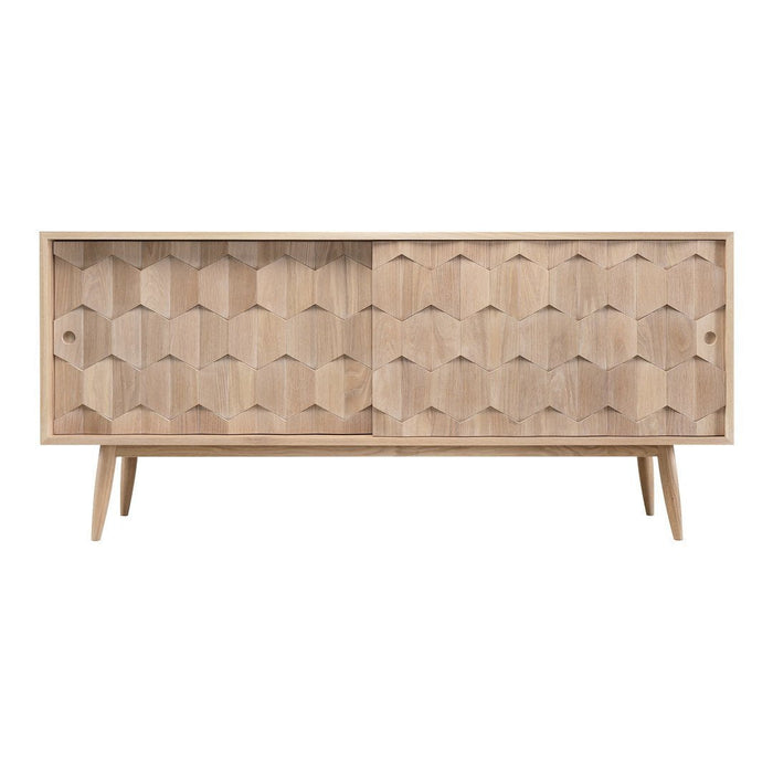 Beige wooden sideboard with a geometric honeycomb pattern and sleek tapered legs. Modern, minimalistic design.