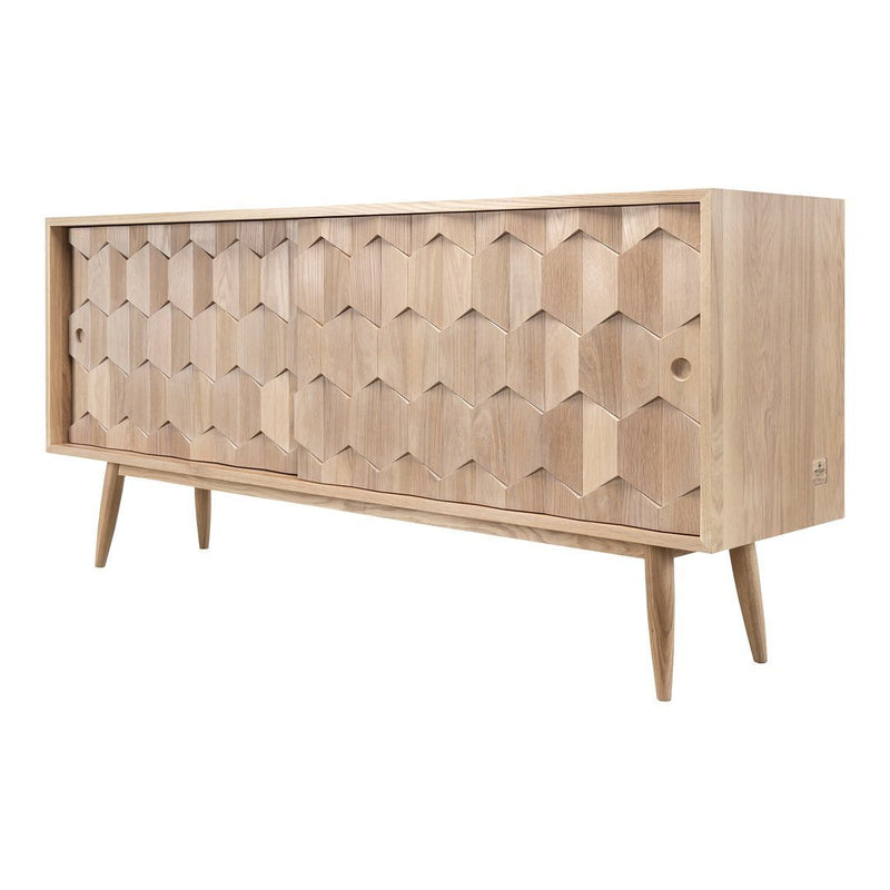 Light oak wooden sideboard featuring a geometric hexagonal pattern and tapered legs for a modern look.