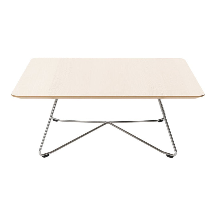 Modern light wood coffee table with a sleek chrome base, featuring a simple, minimalistic design.