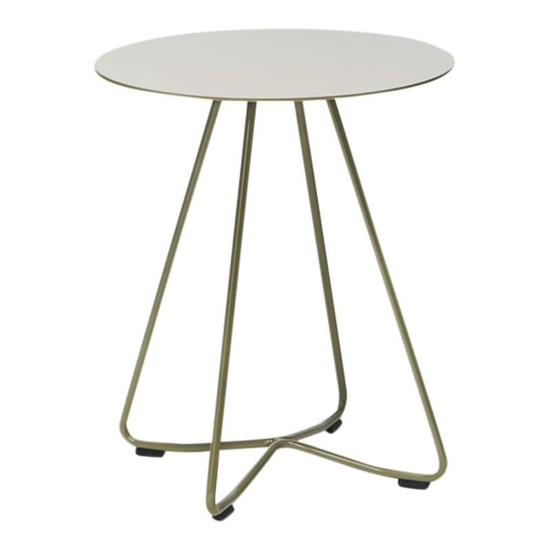 Round white tabletop with a minimalist olive green metal base, featuring sleek triangular legs.