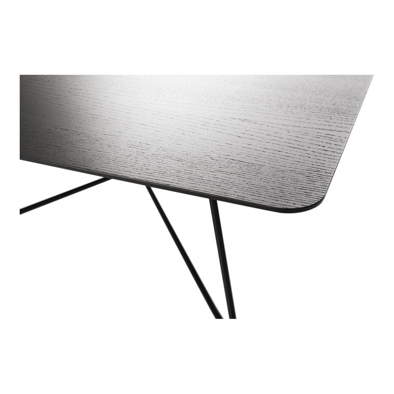 Modern black table top with a sleek wood grain pattern and minimalist black metal legs.