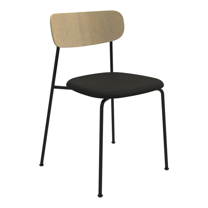 Black metal chair with a wood-patterned backrest. Modern design emphasizes minimalism and contrast. 