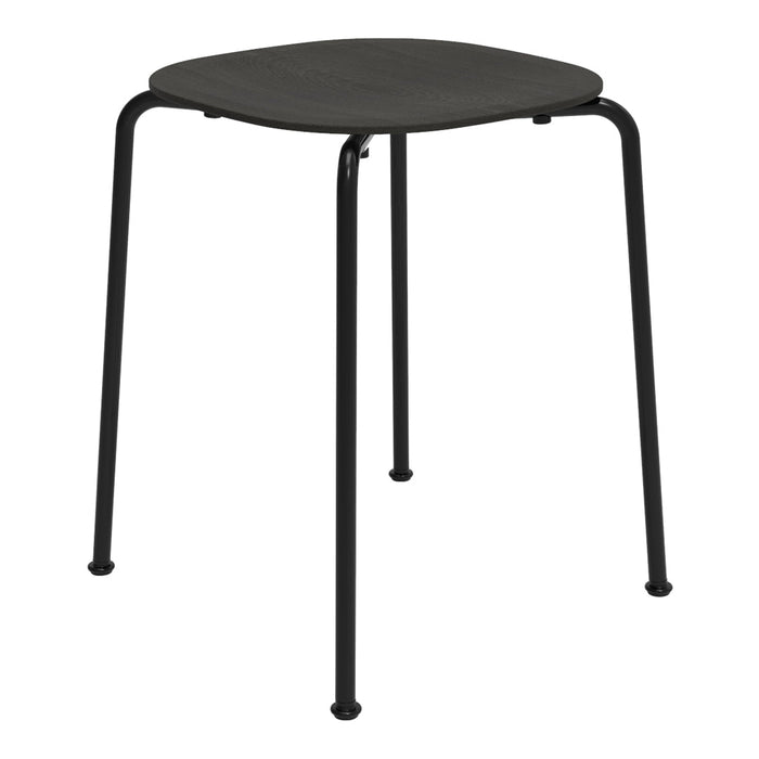 Black, square-shaped stool with sleek metal legs and a smooth, solid surface. Perfect for modern decor.