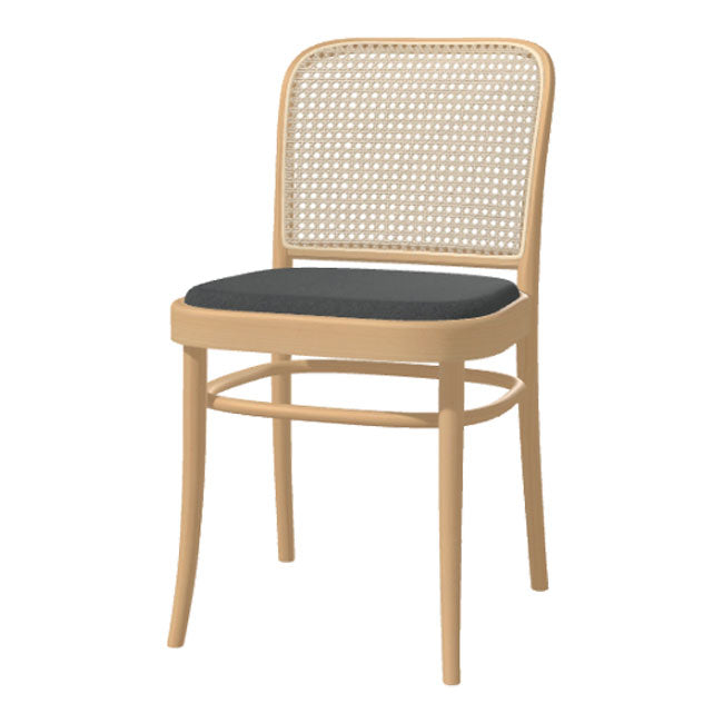 Natural wood chair with woven rattan back and a sleek black cushion, offering a modern, minimalist design.