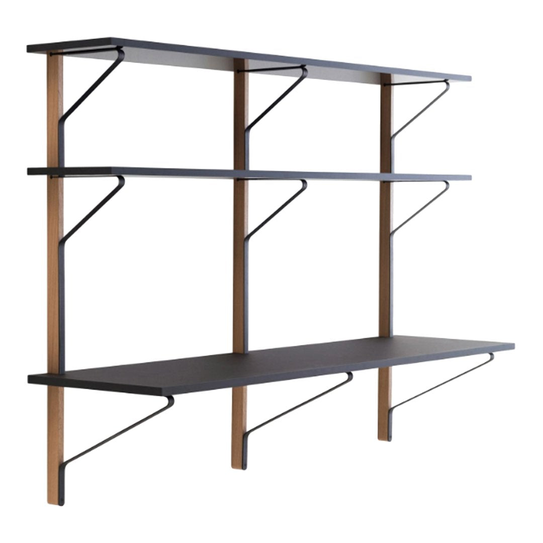 Black shelves with wooden supports and geometric brackets; minimalistic design for modern interiors.