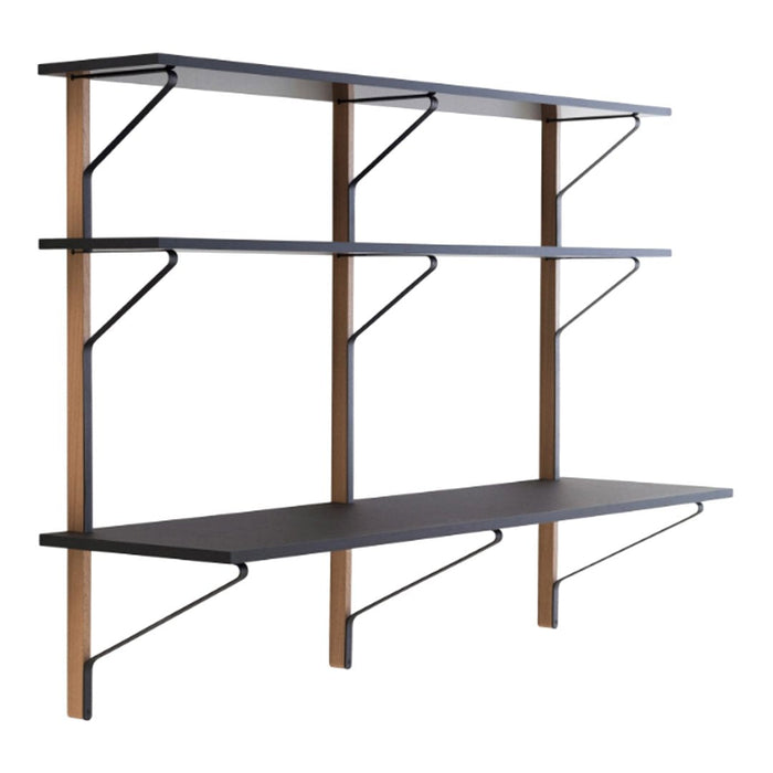 Black shelves with wooden supports and geometric brackets; minimalistic design for modern interiors.