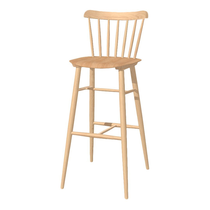 Natural wood bar stool with a simple Spindle back design and light finish, showcasing a minimalist aesthetic.