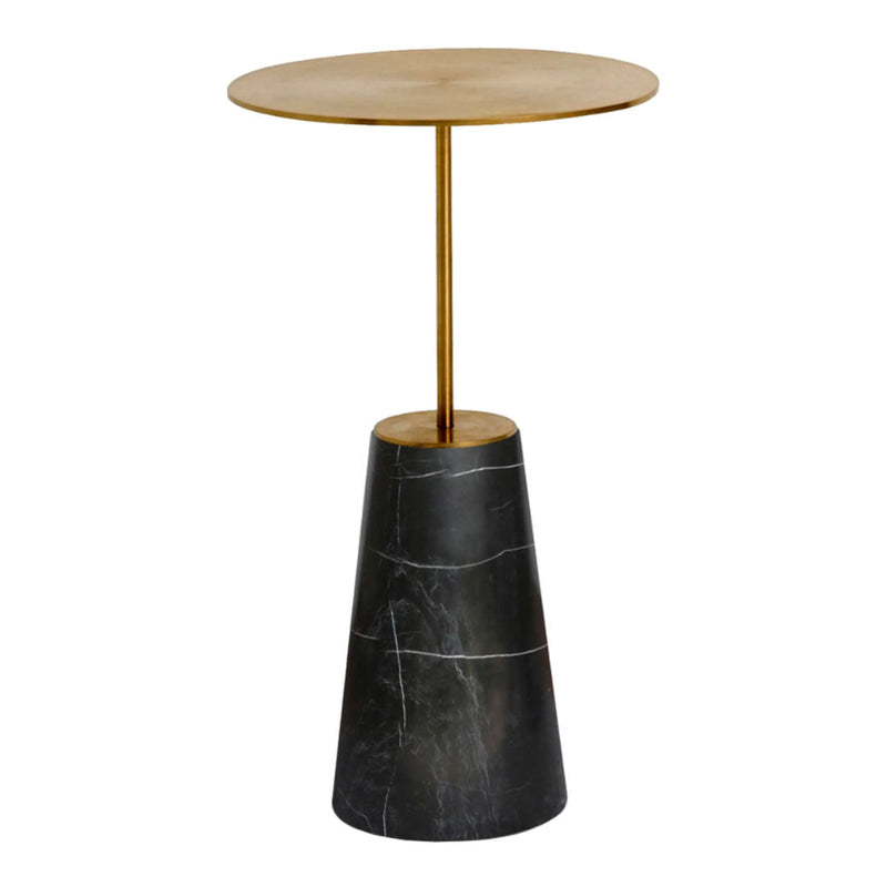 Gold round top with a black marble conical base; modern design with sleek, minimalistic patterns.
