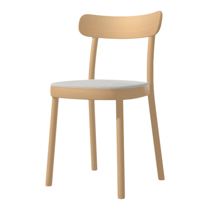 Light wood chair with a natural finish and a white cushioned seat, featuring a minimalistic design.