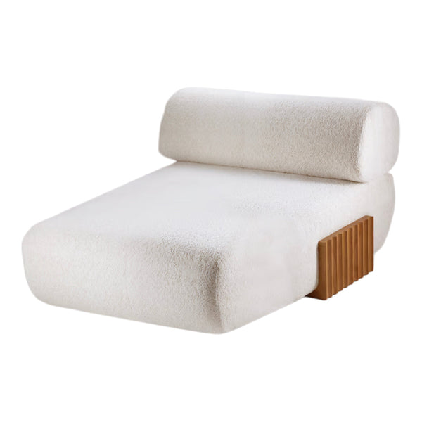 White textured sofa with a round backrest and wooden base, featuring warm brown accents to enhance modern aesthetic.