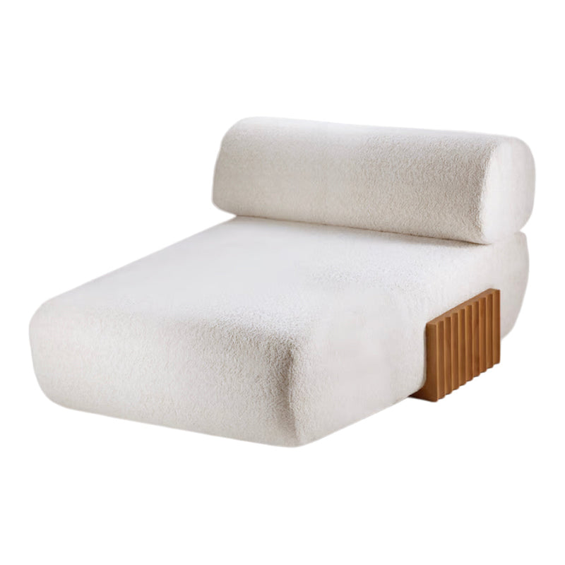 White textured sofa with a round backrest and wooden base, featuring warm brown accents to enhance modern aesthetic.
