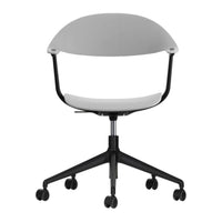 Gray ergonomic chair with a smooth finish and contrasting black wheels, perfect for modern office decor.