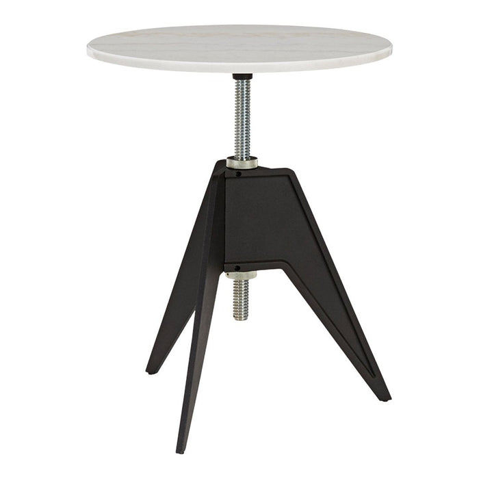 White round tabletop with a sleek black metal base and angular legs, creating a modern and minimalist design.