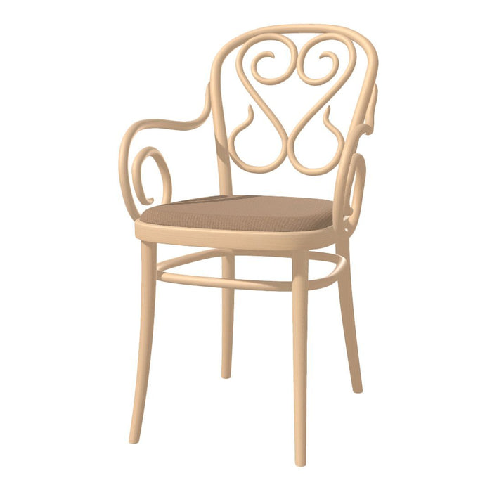 Elegant beige chair with intricate swirl patterns and a matching cushioned seat. Perfect for stylish interiors.