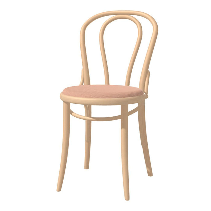 Light wood chair with a curved back and soft pink upholstered seat, featuring a minimalist design and smooth finish.