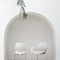 Minimalist white chairs against a smooth, curved white wall with green foliage accents.