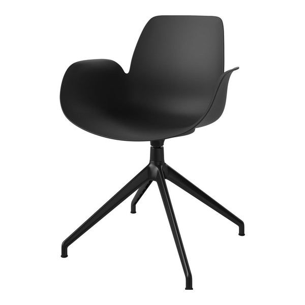 Stylish black chair with a smooth matte finish and subtle curvatures on a sleek black metal base. Perfect for modern decor.