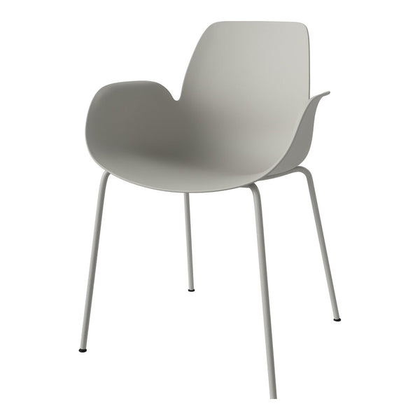Modern light gray chair with smooth, sleek curves and minimalist design, featuring a simple, solid color and no patterns.