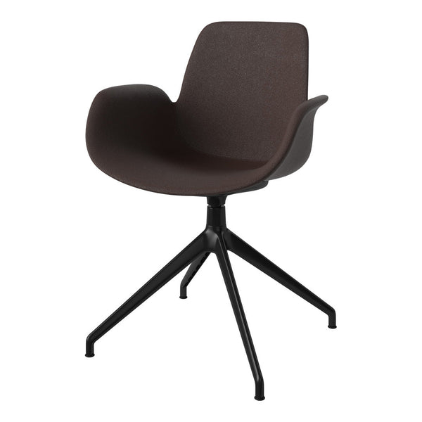 Brown upholstered chair with a sleek black metal base. Modern design with smooth, minimalist contours.