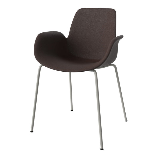 Stylish chair in dark brown upholstery with sleek silver legs, perfect for modern interiors.