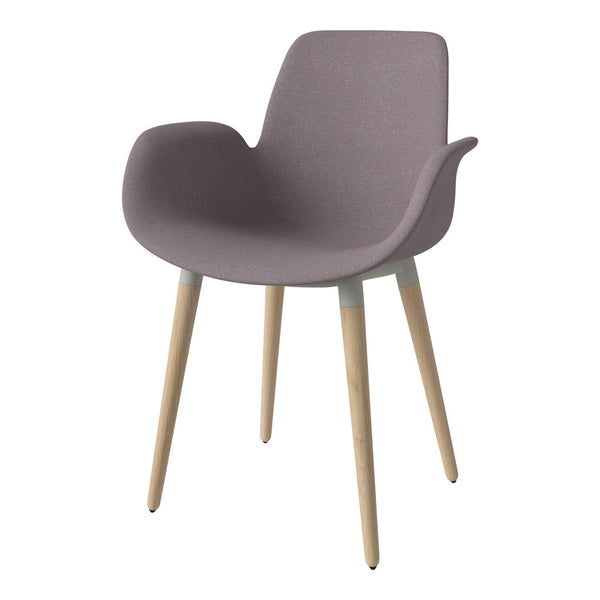 Light lavender chair with smooth fabric, wooden legs, and subtle gray accents for a modern touch.