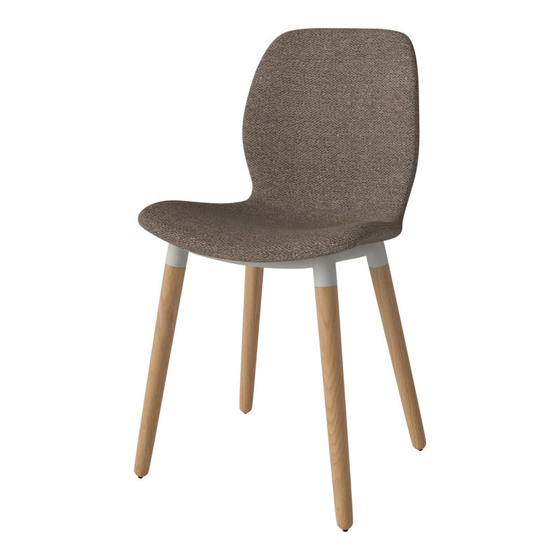 Brown textured upholstery with light wooden legs and white accents. Stylish and modern chair design.