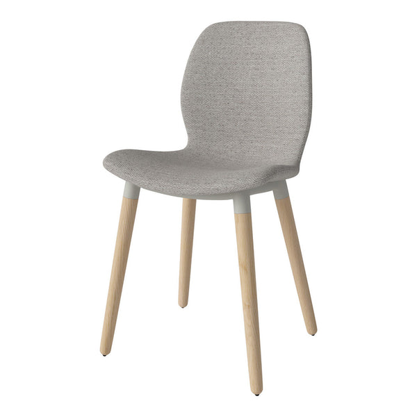 Gray woven upholstery chair with natural wood legs, featuring a minimalist and modern design.