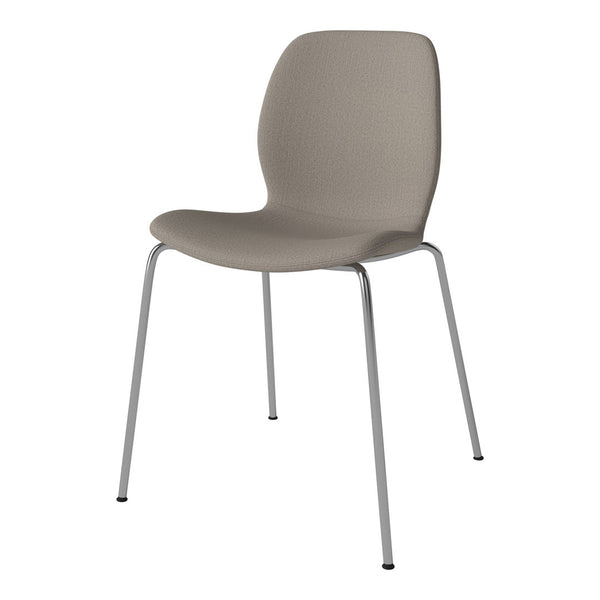 Neutral beige chair with a textured finish and sleek silver metal legs. Ideal for modern decor.
