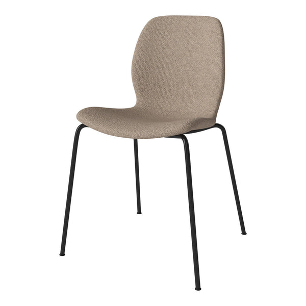 Beige textured chair with sleek black metal legs, perfect for modern decor. Ideal for any stylish space.